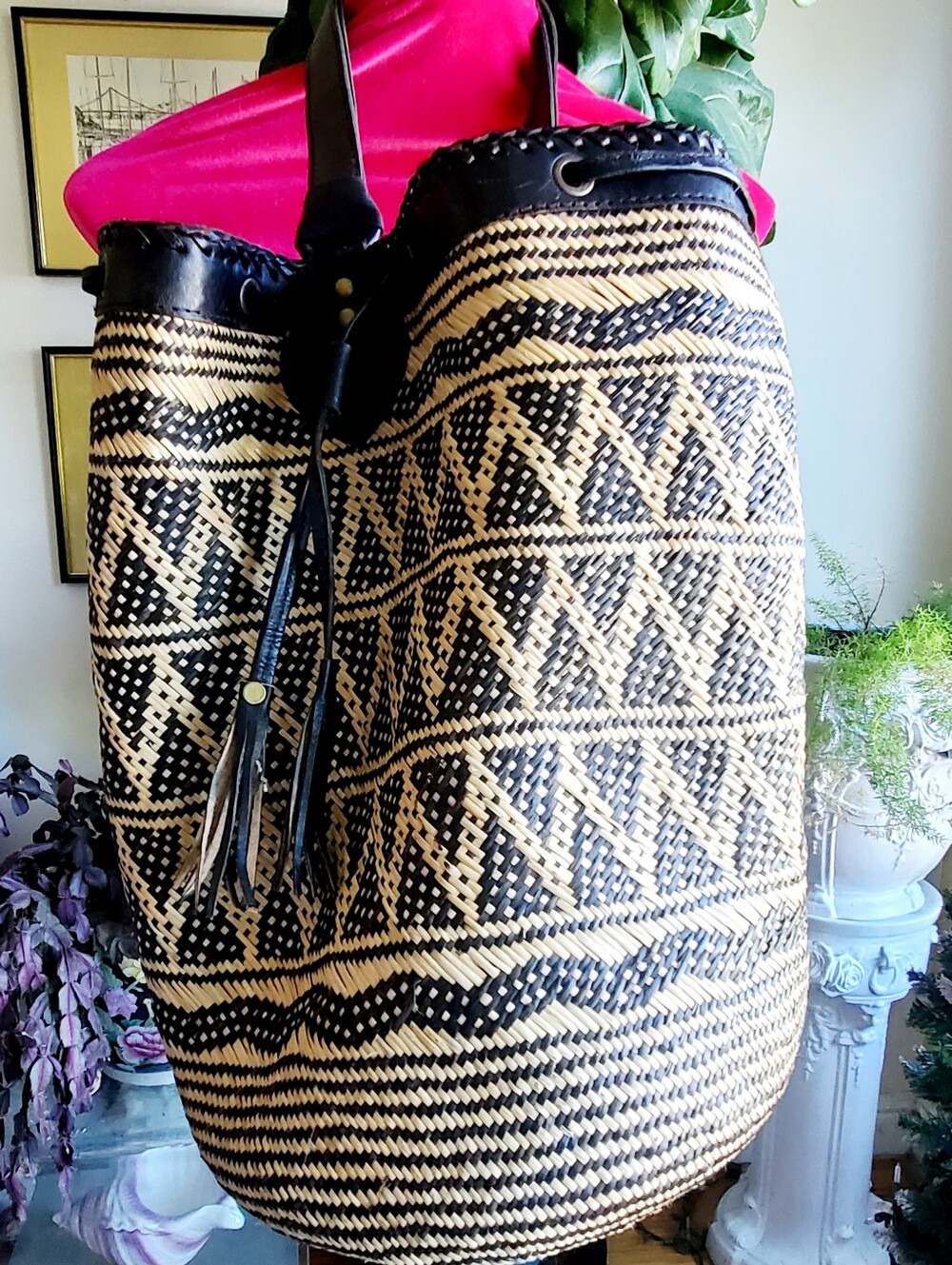 Vintage Tribal Ethnic Handwoven Rattan Bucket Bag Backpack Storage Decor - Picture 10 of 10